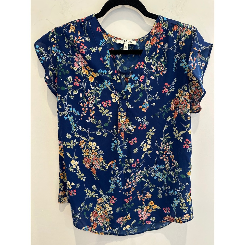 Chaus New York Navy Blue Floral Split V-Neck Flutter Sleeve Blouse Medium